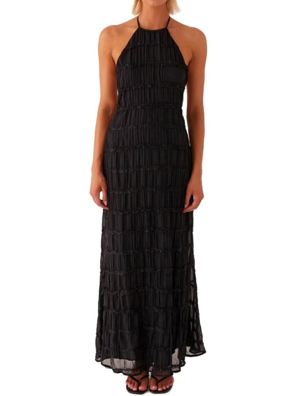Chic Backless Maxi Dress - Sleeveless Textured Halter for Weddings & Vacations